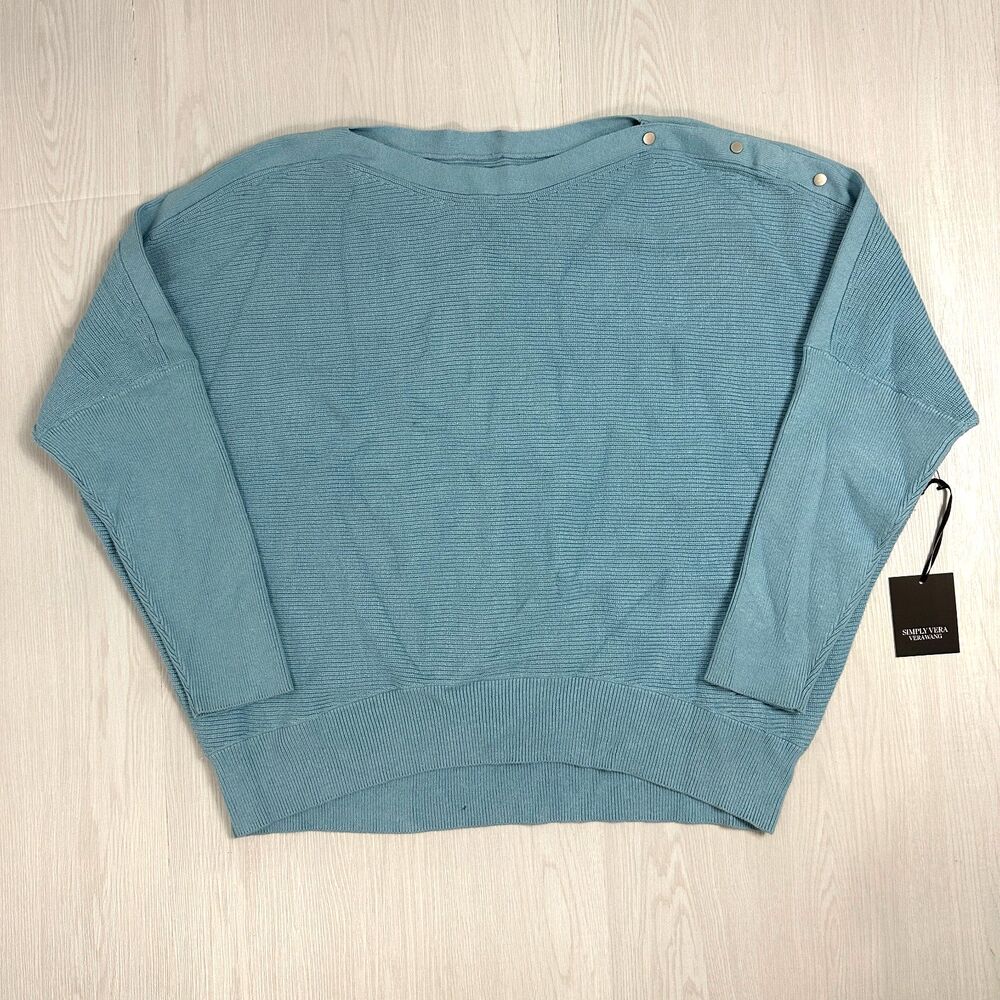 Simply Vera Vera Wang Womens XL Blue Feather Dolman Snap Shoulder Sweater New
